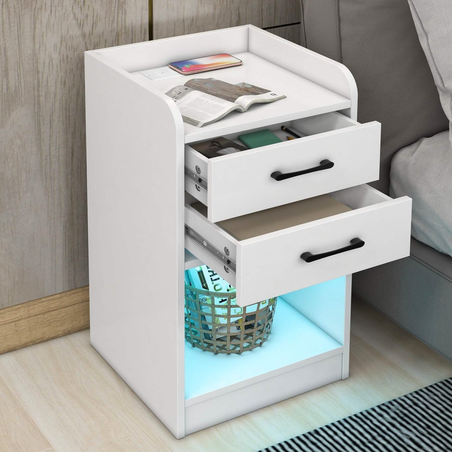 Nightstand with Charging Station and LED Lights DailySale