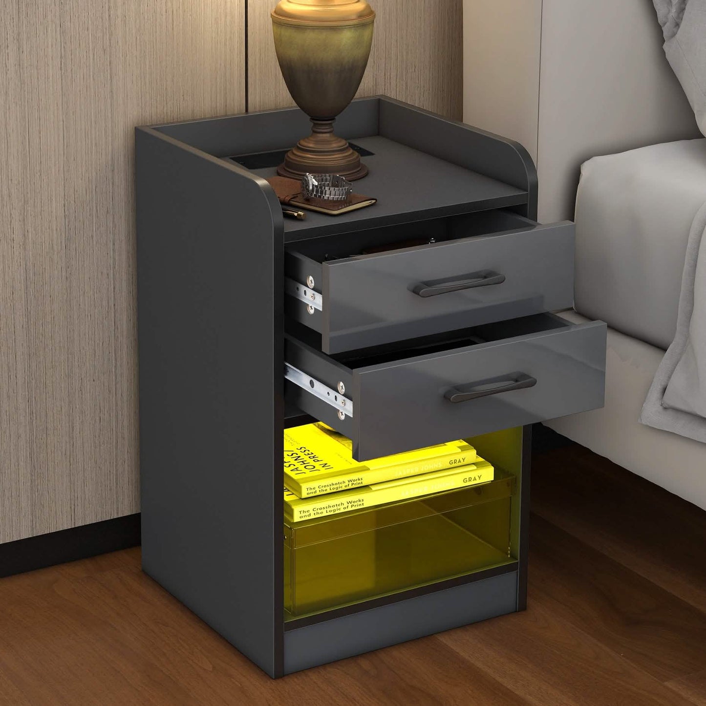 Nightstand with Charging Station and LED Lights DailySale