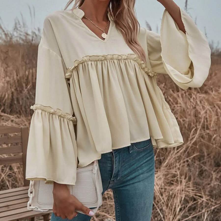 Notch Neck Frill Trim Flounce Sleeve Babydoll Blouse DailySale