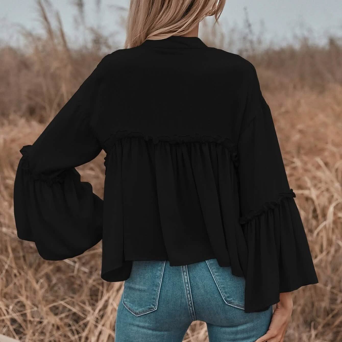 Notch Neck Frill Trim Flounce Sleeve Babydoll Blouse DailySale