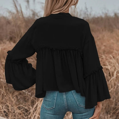 Notch Neck Frill Trim Flounce Sleeve Babydoll Blouse DailySale