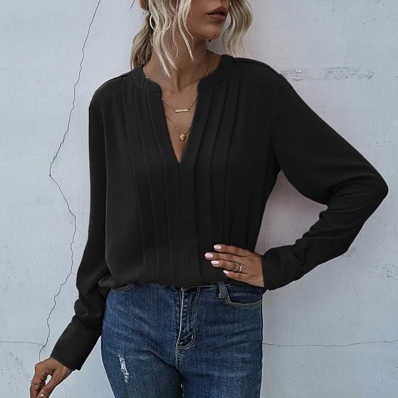 Notched Neck Pleated Decoration Blouse DailySale