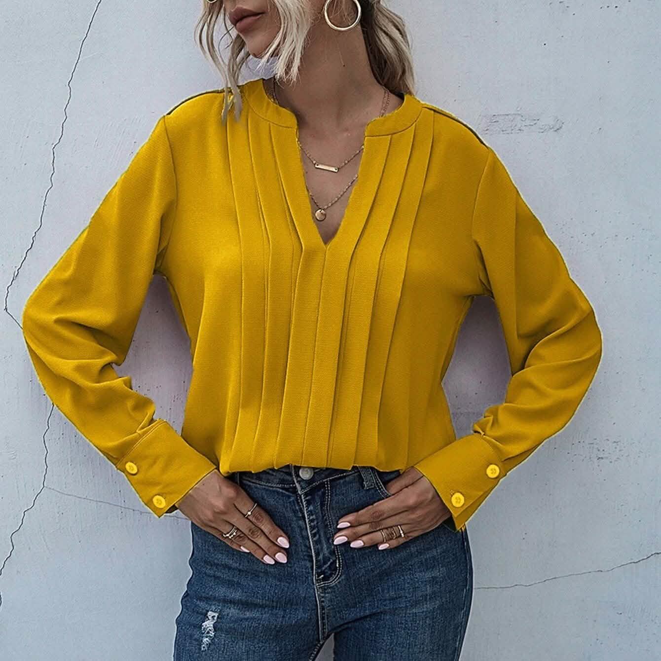 Notched Neck Pleated Decoration Blouse DailySale