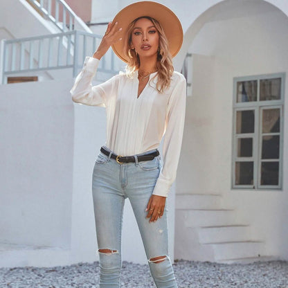 Notched Neck Pleated Decoration Blouse DailySale