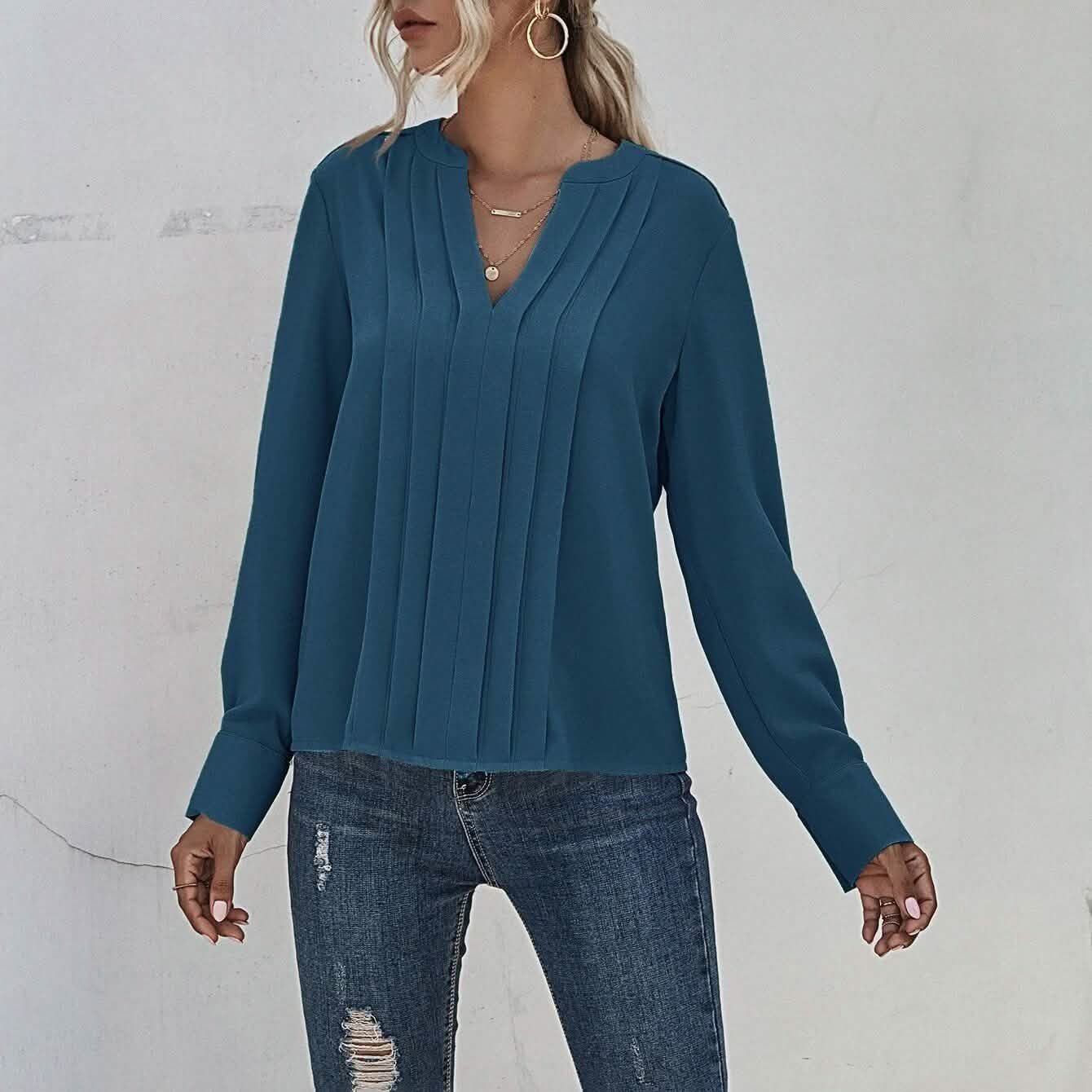Notched Neck Pleated Decoration Blouse DailySale