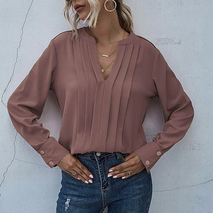 Notched Neck Pleated Decoration Blouse DailySale