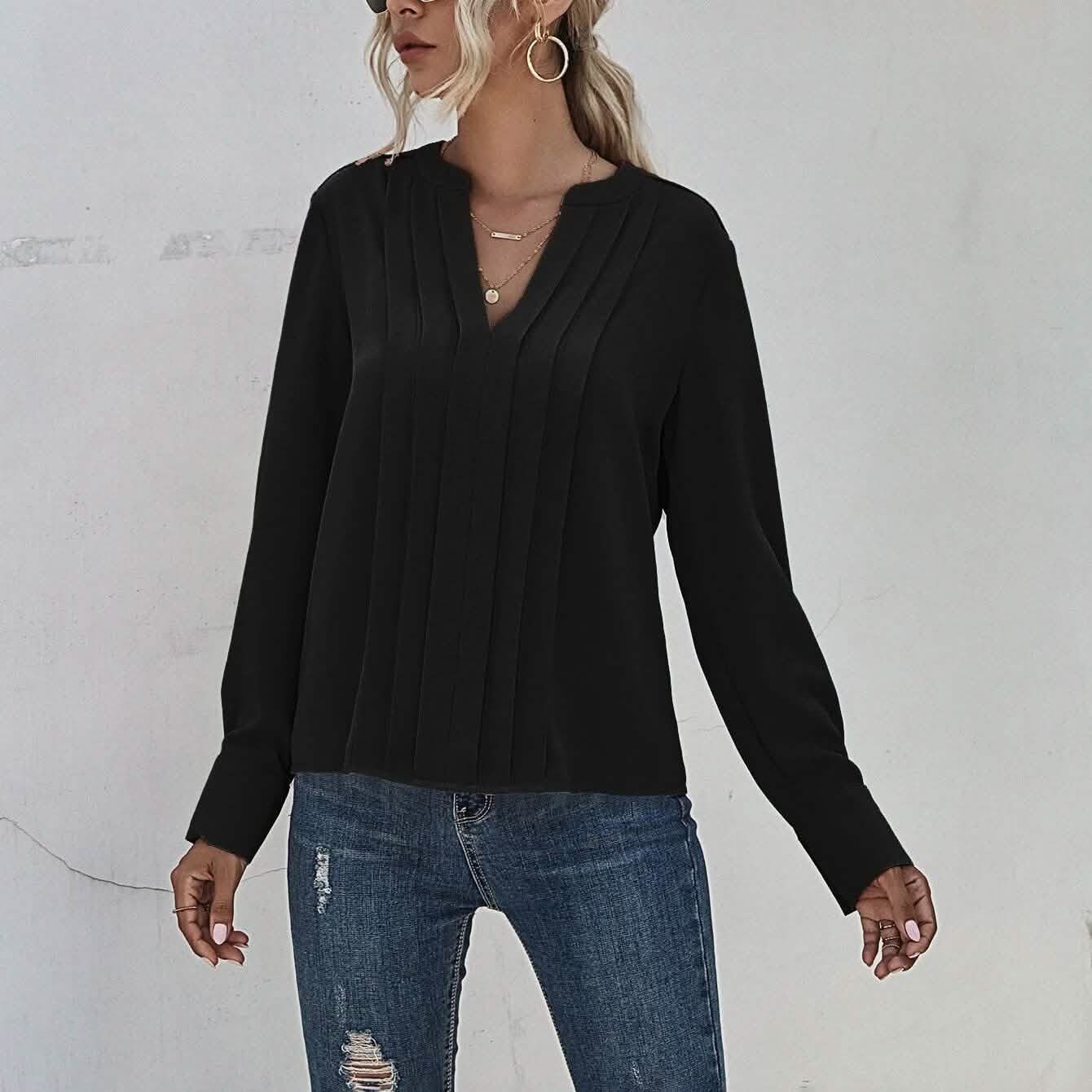 Notched Neck Pleated Decoration Blouse DailySale