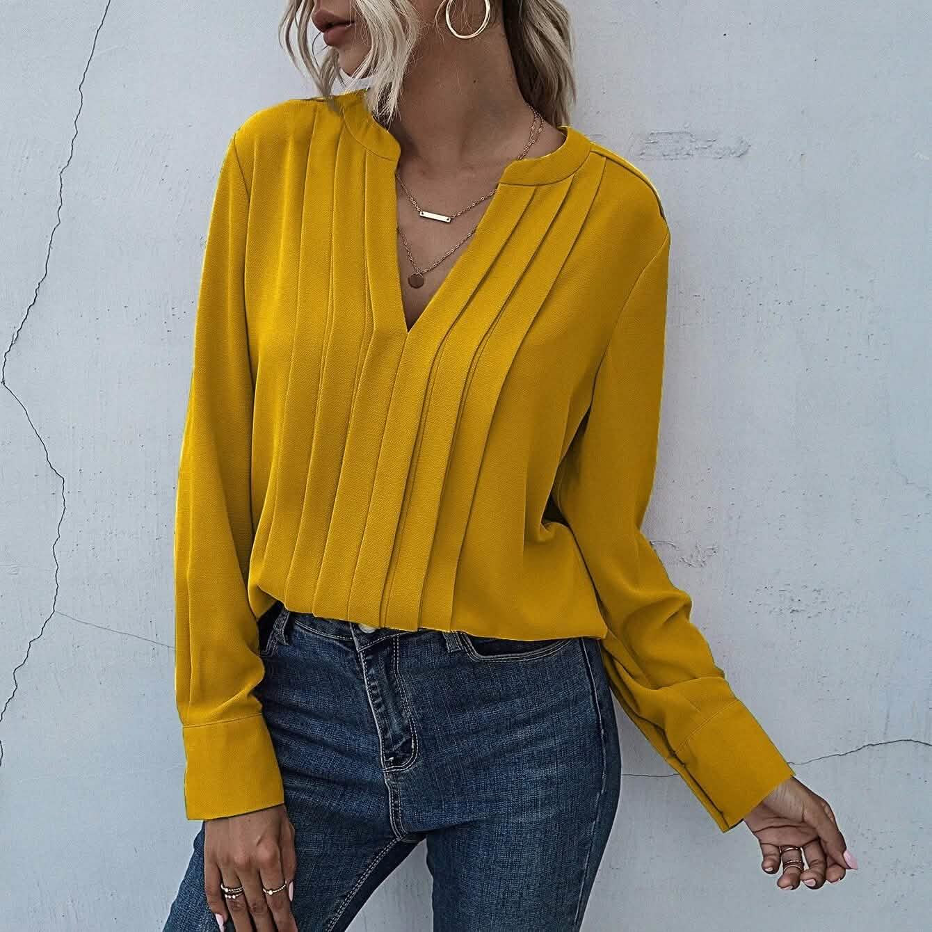 Notched Neck Pleated Decoration Blouse DailySale