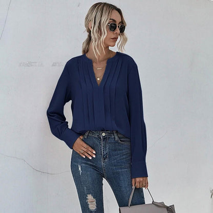 Notched Neck Pleated Decoration Blouse DailySale