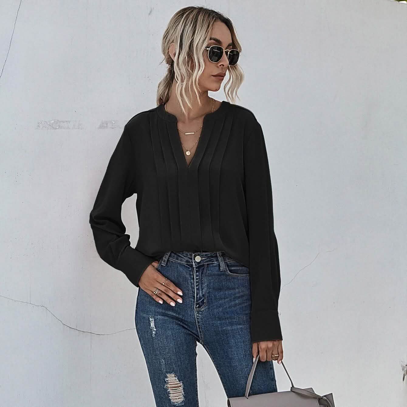 Notched Neck Pleated Decoration Blouse DailySale
