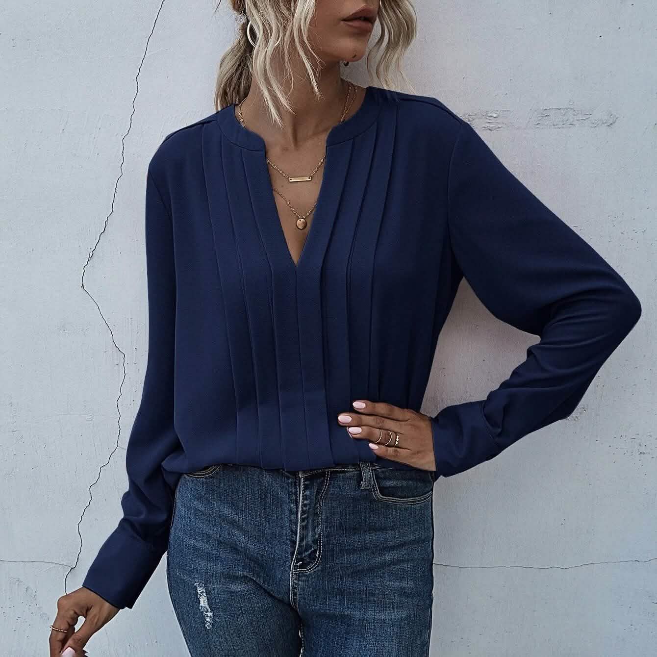 Notched Neck Pleated Decoration Blouse DailySale