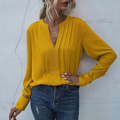 Notched Neck Pleated Decoration Blouse DailySale