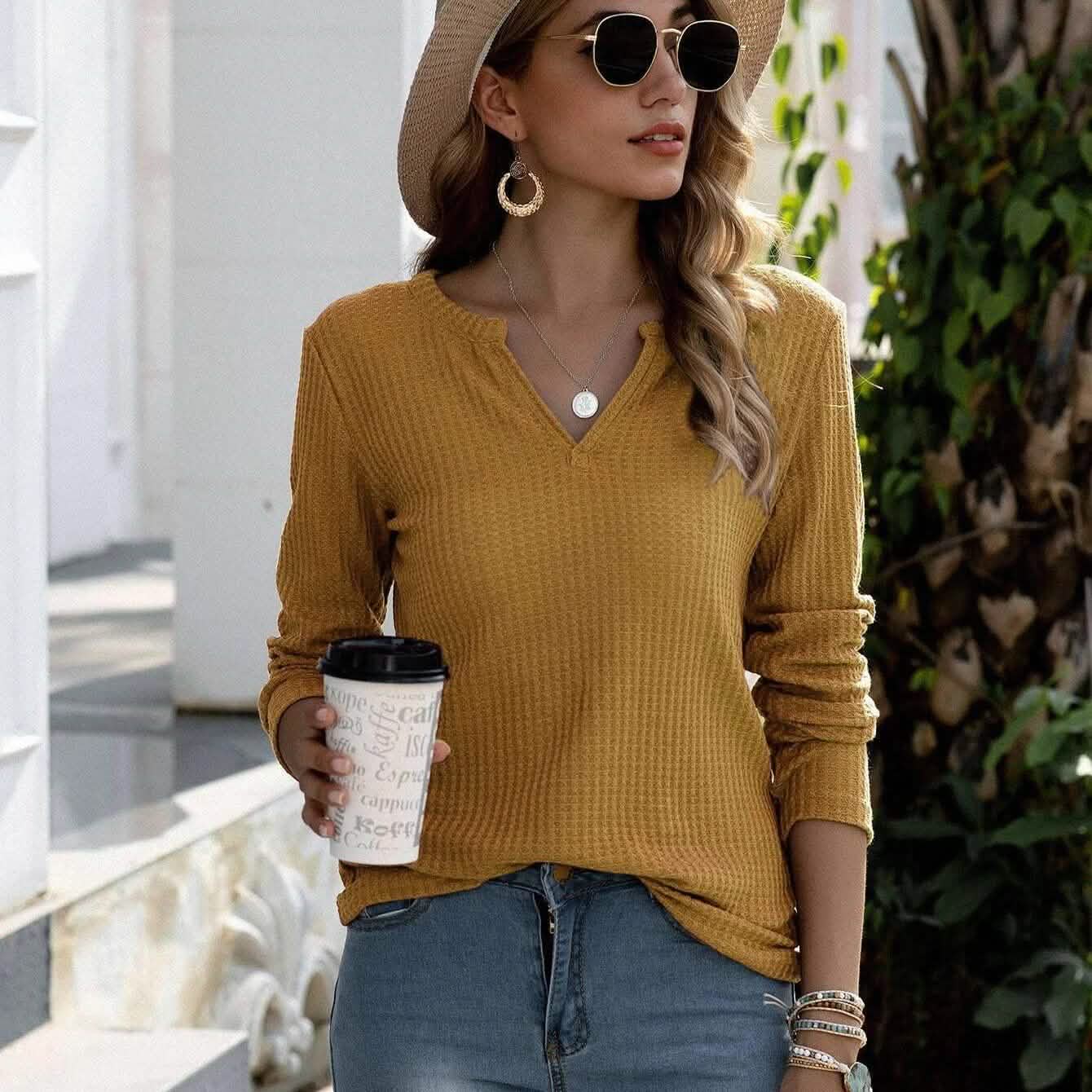 Notched Waffle Knit Solid Tee DailySale