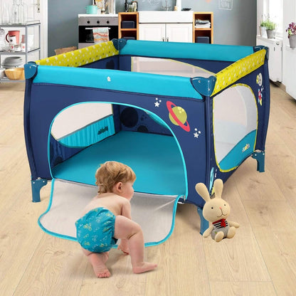 Odoland 39''x 39'' Infant Toddler Foldable Playpen Playard With Mattress Rail Fence Blue DailySale