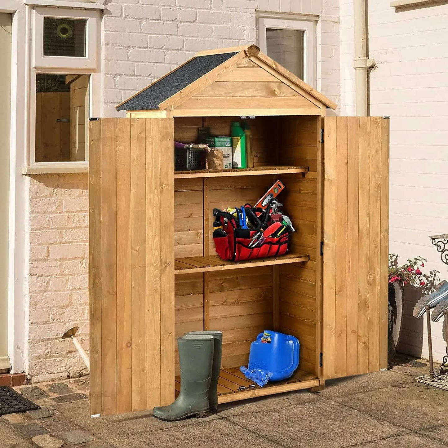 Outdoor Wood Tilt Storage Shed Tool Organizer with Waterproof Asphalt Roof DailySale