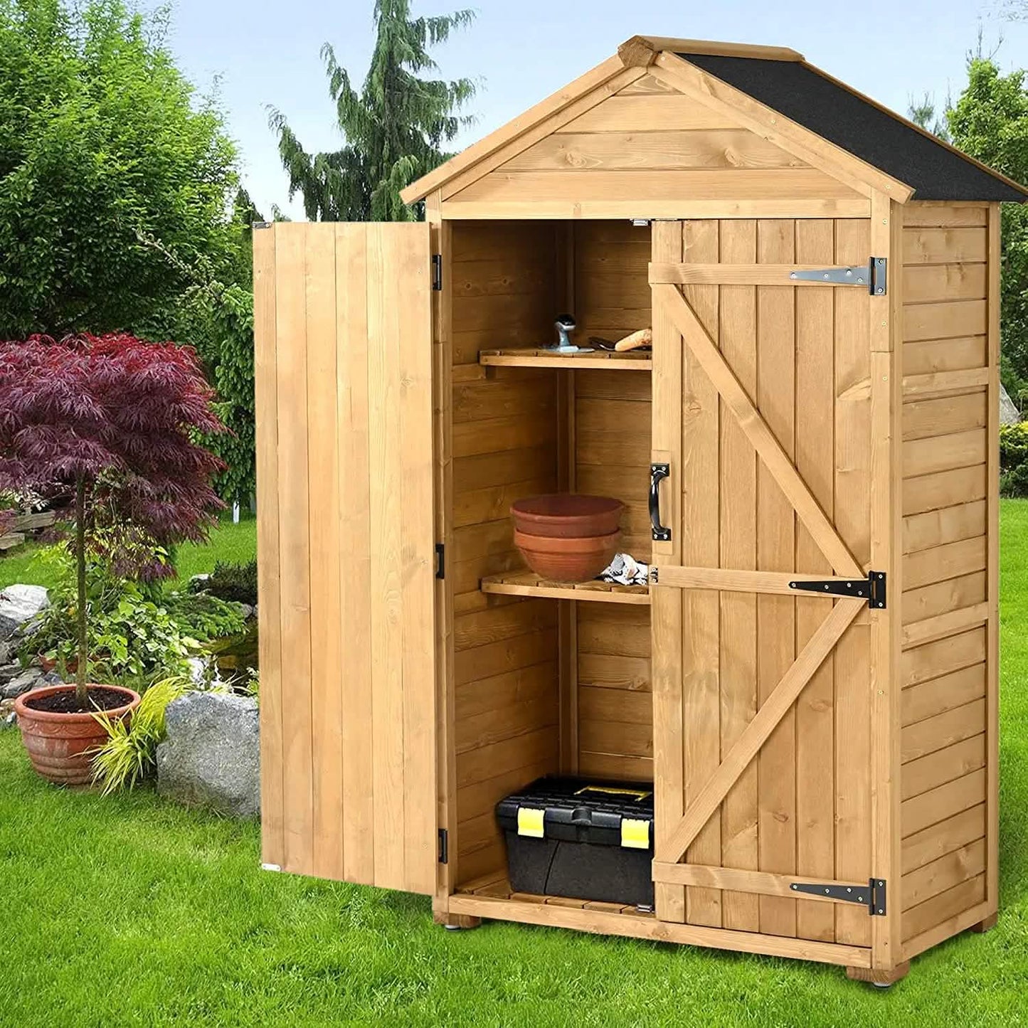 Outdoor Wood Tilt Storage Shed Tool Organizer with Waterproof Asphalt Roof DailySale