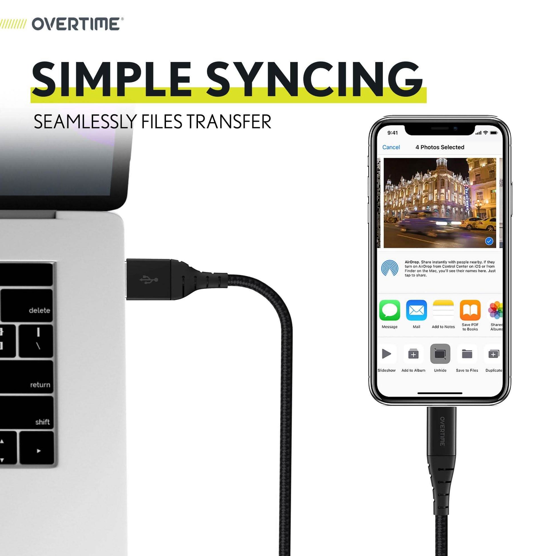 Overtime Apple Mfi Certified iPhone Charger 10ft Extra Long Nylon Braided Lightning Cable - Black DailySale