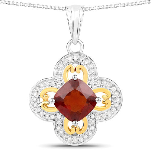 1.63 Carat Genuine Hessonite and White Diamond 18K Yellow Gold with .925 Sterling Silver Pendant Bids.com