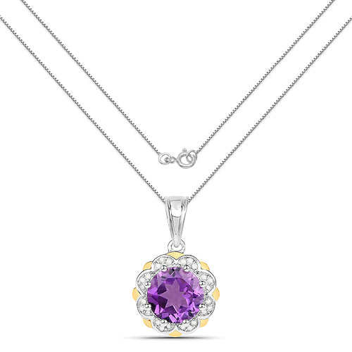 1.87 Carat Genuine Amethyst and White Diamond 14K Yellow Gold with .925 Sterling Silver Pendant Bids.com