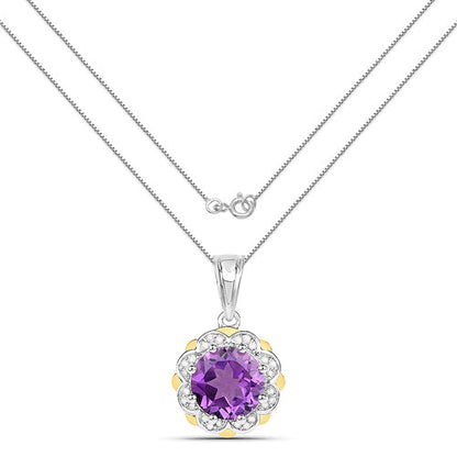 1.87 Carat Genuine Amethyst and White Diamond 14K Yellow Gold with .925 Sterling Silver Pendant Bids.com