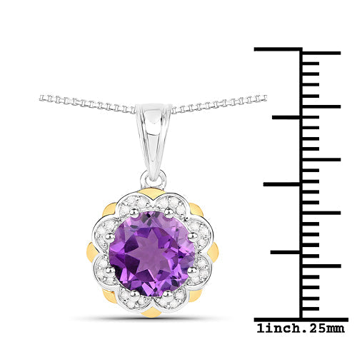 1.87 Carat Genuine Amethyst and White Diamond 14K Yellow Gold with .925 Sterling Silver Pendant Bids.com