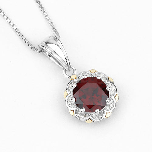2.32 Carat Genuine Garnet and White Diamond 14K Yellow Gold with .925 Sterling Silver Pendant Bids.com