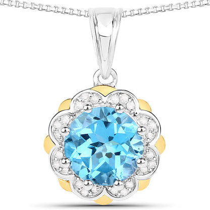 2.32 Carat Genuine Swiss Blue Topaz and White Diamond 14K Yellow Gold with .925 Sterling Silver Pendant Bids.com