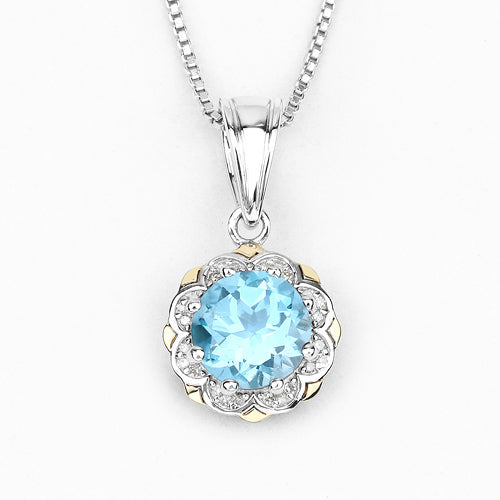 2.32 Carat Genuine Swiss Blue Topaz and White Diamond 14K Yellow Gold with .925 Sterling Silver Pendant Bids.com