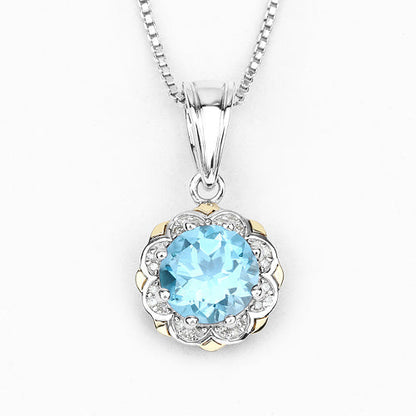 2.32 Carat Genuine Swiss Blue Topaz and White Diamond 14K Yellow Gold with .925 Sterling Silver Pendant Bids.com