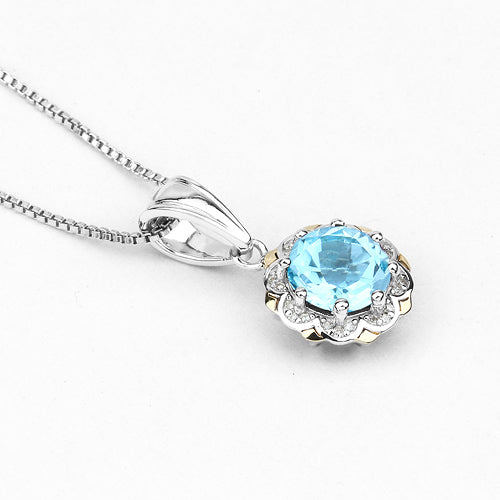 2.32 Carat Genuine Swiss Blue Topaz and White Diamond 14K Yellow Gold with .925 Sterling Silver Pendant Bids.com