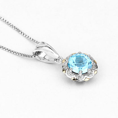 2.32 Carat Genuine Swiss Blue Topaz and White Diamond 14K Yellow Gold with .925 Sterling Silver Pendant Bids.com