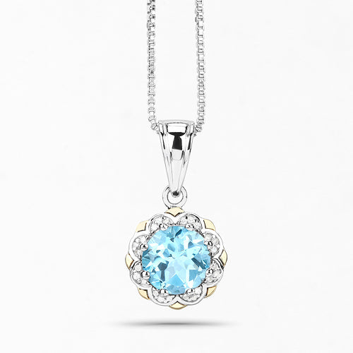 2.32 Carat Genuine Swiss Blue Topaz and White Diamond 14K Yellow Gold with .925 Sterling Silver Pendant Bids.com