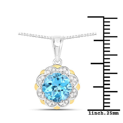 2.32 Carat Genuine Swiss Blue Topaz and White Diamond 14K Yellow Gold with .925 Sterling Silver Pendant Bids.com