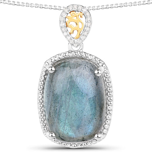 11.05 Carat Genuine Labradorite and White Diamond 14K Yellow Gold with .925 Sterling Silver Pendant Bids.com