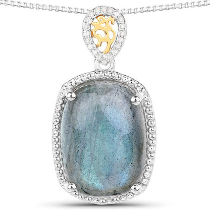 11.05 Carat Genuine Labradorite and White Diamond 14K Yellow Gold with .925 Sterling Silver Pendant Bids.com