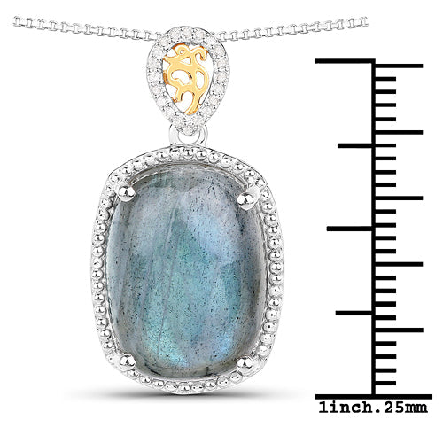 11.05 Carat Genuine Labradorite and White Diamond 14K Yellow Gold with .925 Sterling Silver Pendant Bids.com