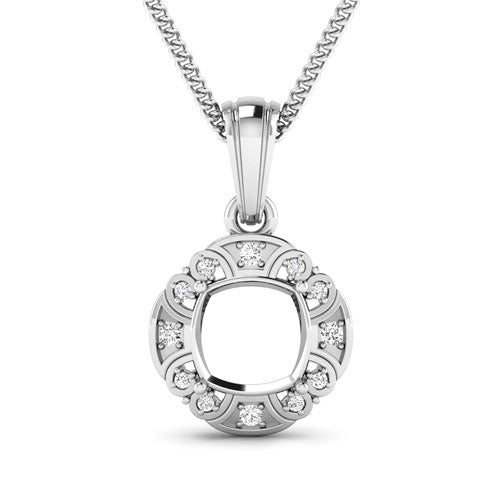 0.09 Carat Genuine White Diamond 14K White Gold Semi Mount Pendant - holds 8x8mm Cushion Gemstone Bids.com