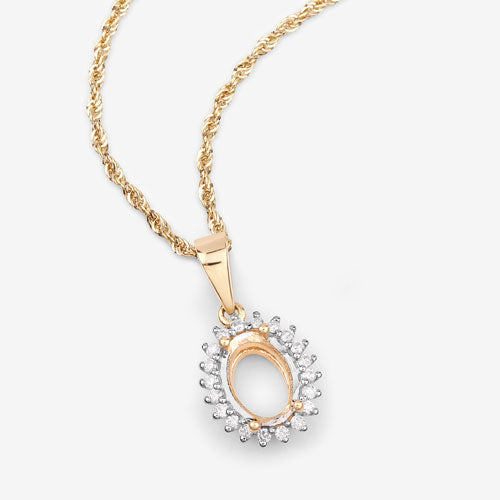 0.13 Carat Genuine White Diamond 14K Yellow Gold Semi Mount Pendant - holds 8x6mm Oval Gemstone Bids.com