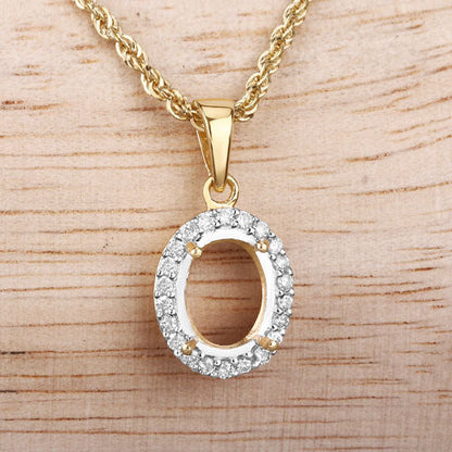 0.22 Carat Genuine White Diamond 14K Yellow Gold Semi Mount Pendant - holds 9x7mm Oval Gemstone Bids.com