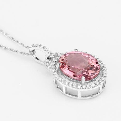 3.90 Carat Genuine Pink Tourmaline and White Diamond 14K White Gold Pendant Bids.com