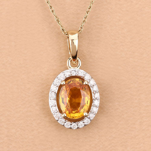 1.78 Carat Genuine Yellow Sapphire and White Diamond 14K Yellow Gold Pendant Bids.com