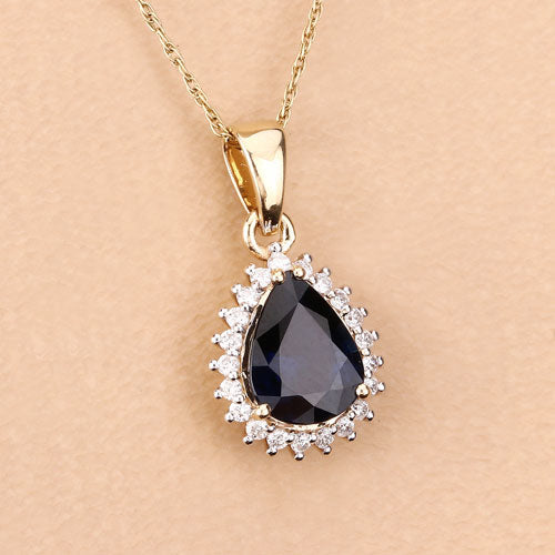 2.09 Carat Genuine Blue Sapphire and White Diamond 14K Yellow Gold Pendant Bids.com