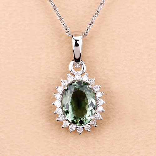 1.39 Carat Genuine Green Tourmaline and White Diamond 14K White Gold Pendant Bids.com