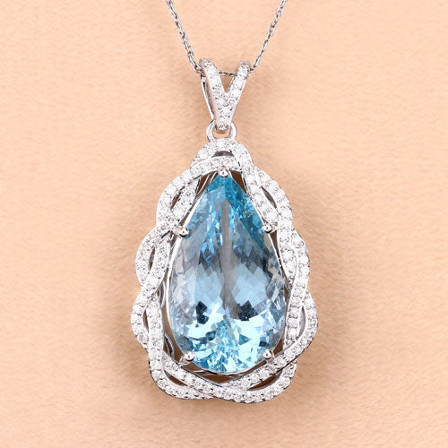 11.90 Carat Genuine Aquamarine and White Diamond 14K White Gold Pendant Bids.com