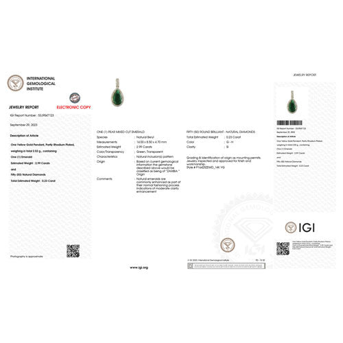 IGI Certified 3.22 Carat Genuine Zambian Emerald and White Diamond 14K Yellow Gold Pendant Bids.com