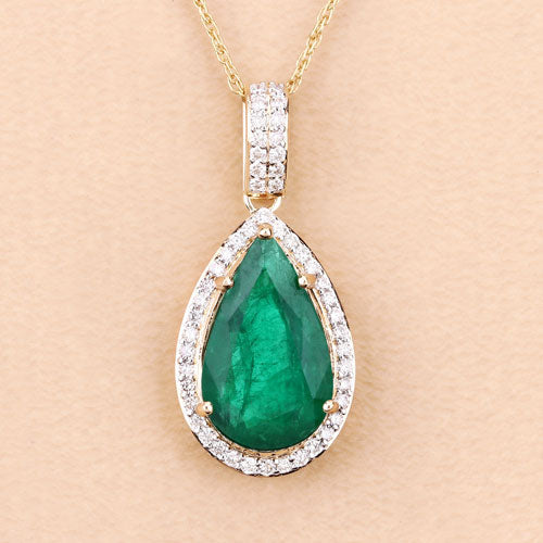 IGI Certified 3.22 Carat Genuine Zambian Emerald and White Diamond 14K Yellow Gold Pendant Bids.com