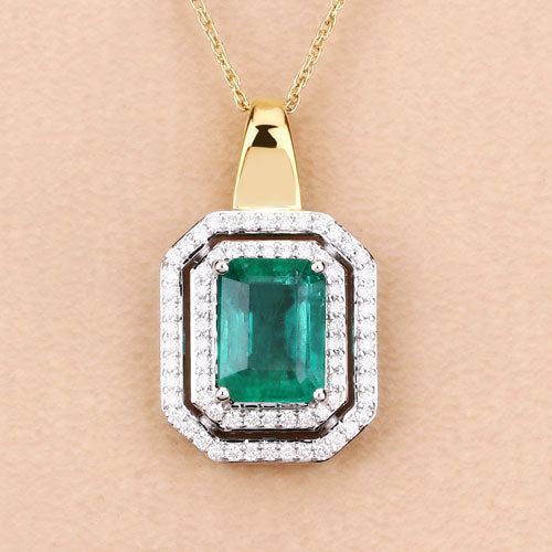 IGI Certified 2.37 Carat Genuine Zambian Emerald and White Diamond 14K Yellow & White Gold Pendant Bids.com