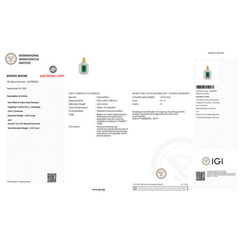 IGI Certified 2.37 Carat Genuine Zambian Emerald and White Diamond 14K Yellow & White Gold Pendant Bids.com
