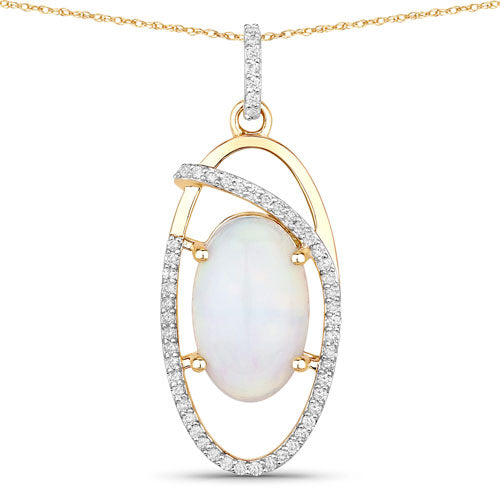 3.59 Carat Genuine Ethiopian Opal and White Diamond 14K Yellow Gold Pendant Bids.com