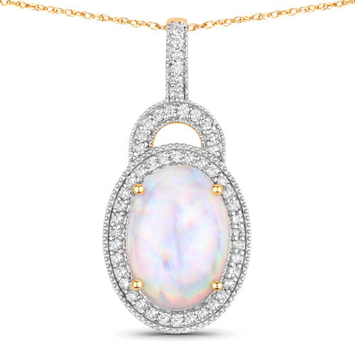 3.30 Carat Genuine Ethiopian Opal and White Diamond 14K Yellow Gold Pendant Bids.com